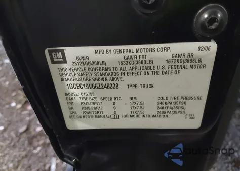 2006 Chevrolet Silverado 1500 Lt1 из США, поврежденный, VIN 1GCEC19V66Z248338